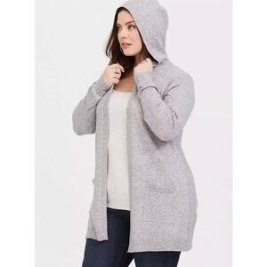 Torrid Long Sweater Grey Hooded Cardigan Pockets Open Front Plus Size: 0X (10)